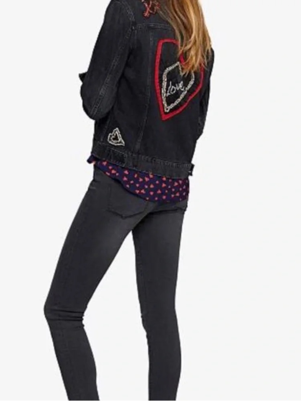 Dark Wash Embroidered Heart Denim Jacket - Black with Red Accent